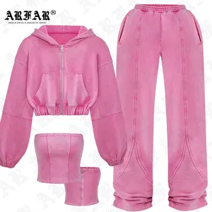 Customized Pink Women's Three-Piece Set Distressed Zip up Hoodie and Pant Set Womens Clothing