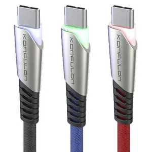 كابل شاحن مجدول من النايلون سريع الشحن 5 أمبير من Konfulon مزود بإضاءة LED كابلات بيانات USB ذات نوعية جيدة للهواتف المحمولة