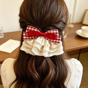 Sweet strawberry jam red plaid <b>bow</b> skirt hair <b>clip</b> for girls, cute lace ruffled ponytail <b>clip</b> - Product Image 1