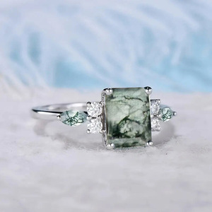 Anillo de Ágata Musgosa A140, Corte Esmeralda, Piedra Natural con Engaste de Puntas, Anillo de Compromiso para Mujer con Gema - Product Image 2