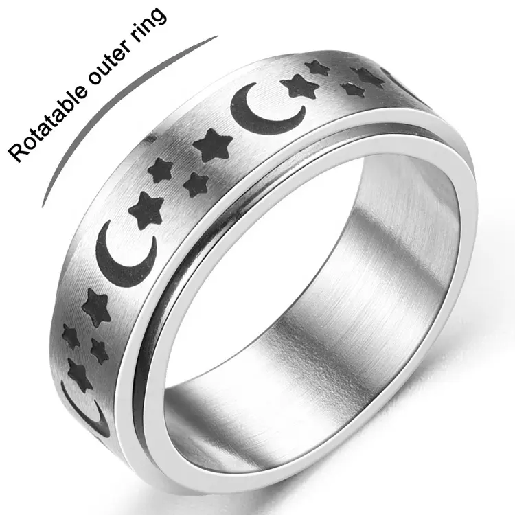 Amazon best selling stainless steel fidget rotate boy star moon ring vintage man anxiety night sky spinning circlet Deyuan 39S