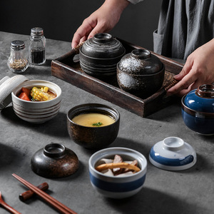 Petit bol en céramique <span class=keywords><strong>de</strong></span> style japonais, nid d'oiseau avec couvercle, bol pour mijoter, pot à vapeur, bol à œufs à la vapeur, bol à dessert - Product Image 1