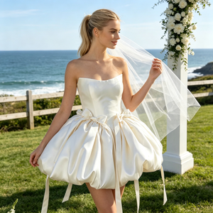 Elegante Abito da Sposa Corto in Raso Bianco, Senza Spalline, Linea A, Mini Vestito Nuziale per la Sposa - Product Image 4