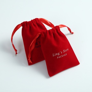 8*10 cm Custom <b>Red</b> Luxury Soft Thick Velvet Jewelry Pouch with Satin <b>Ribbon</b> and Custom Logo for Jewelry Packaging - Product Image 4