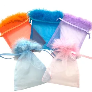 Pink Fur Organza Bag Pouches Gift Custom Organza Bags Pouch Wholesale White Furry Customized Organza Bag Drawstring With Fur