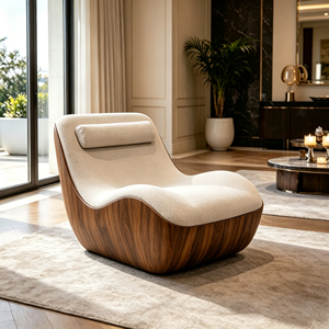 Fauteuil lounge en fibre <span class=keywords><strong>de</strong></span> verre <span class=keywords><strong>de</strong></span> style mid-century avec base finition grain <span class=keywords><strong>de</strong></span> bois et revêtement en tissu crème pour un style moderne - Product Image 4