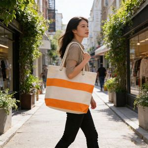 Fashion Canvas <b>Beach</b> <b>Bag</b> Striped Print <b>Large</b> Capacity Single Shoulder Tote Custom Logo Shopping Handbag - Product Image 3