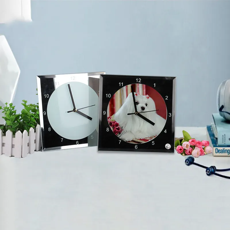 20cm/8 inç boş kare özel DIY baskı ev dekorasyon için süblimasyon zırhlı cam duvar saatleri
