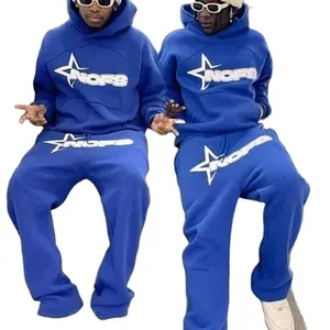 Personalizado Otoño Primavera Streetwear Algodón Jogging Sudadera con capucha Dos conjuntos Hombres Chándal Gráfico 3D Puff Impresión Sweatsuit