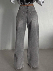 <span class=keywords><strong>Jeans</strong></span> a <span class=keywords><strong>Gamba</strong></span> <span class=keywords><strong>Larga</strong></span> in Spandex/Poliestere Grigio Fumo Lavato Stile Americano Retrò da Donna, Versatili a Vita Alta, Vestibilità Ampia, Asciugatura Rapida - Product Image 6