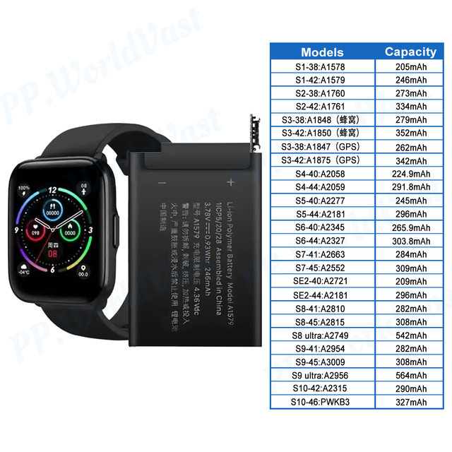 Factory Battery for Apple Smart Watch Series 4 44mm 5 6 7 45 mm 1 2 3 8 9 SE 38mm Se 2 Replacement Smart Watch Battery