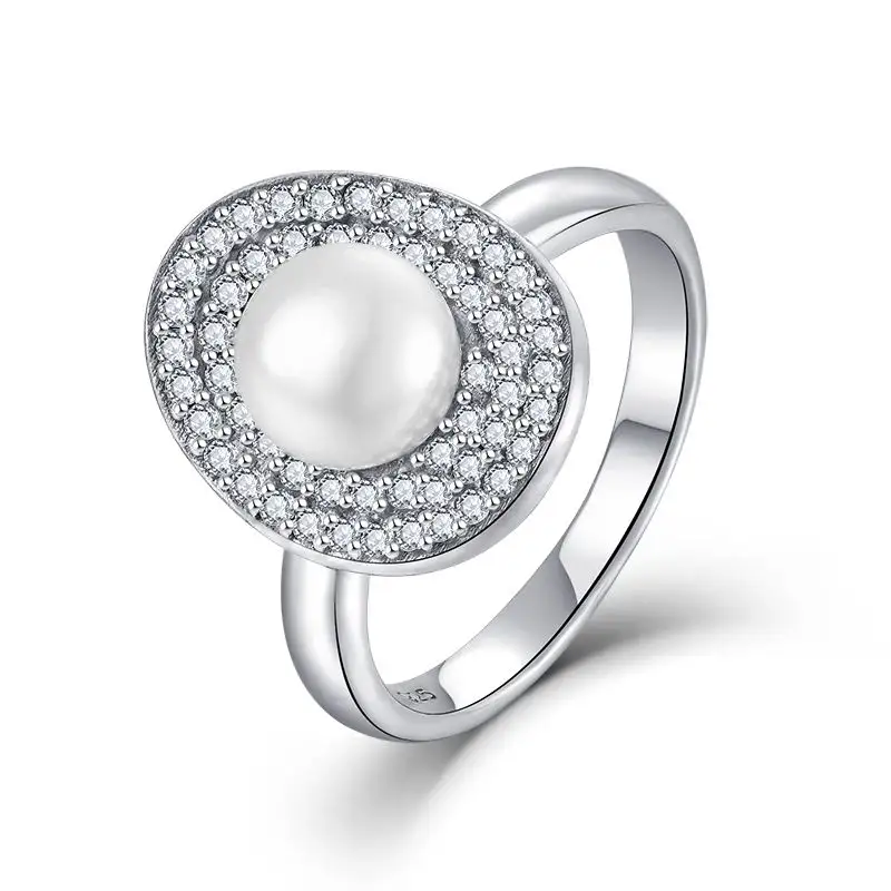 Luxury Female Crystal 925 Sterling Silver Exquisite Gorgeous Round Pearl New Design Women Pretty Silver Rings
