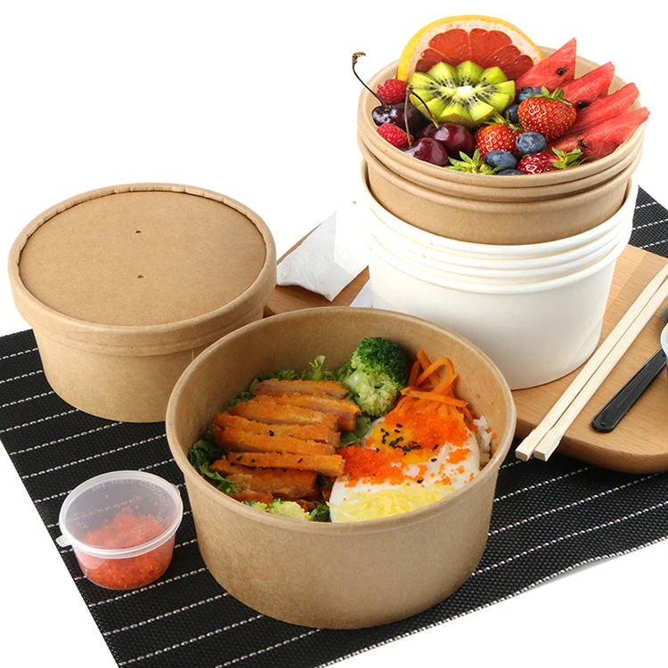 Customized logo heat proof disposable noodle salad paper soup bowl with lid