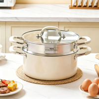 Casserole en acier inoxydable à trois couches avec revêtement céramique, pot à lait, pot à soupe, poêle à frire avec couvercle en verre en acier inoxydable