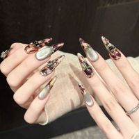 Lot de 10 faux ongles à presser, effet œil de chat, longs, forme stiletto, motif écaille de tortue, marbré, avec pendentif croix gothique, faits main, de luxe