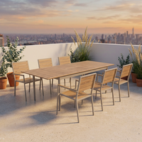 Ensemble de table à manger d'extérieur moderne SERWALL en HDPE imperméable, 7 pièces avec trou pour parasol et 6 chaises, gris