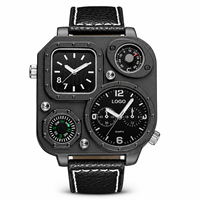 Reloj de Cuarzo para Hombre, Caja de Aleación, Esfera con Indicadores, Brújula, 50 mm, Movimiento Seiko, Dos Zonas Horarias, Correa Acrílica, Diseño Cuadrado