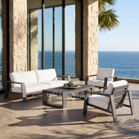 Meubles de patio modernes et luxueux, table et chaises de jardin, ensemble de salle à manger extérieure en aluminium et en bois