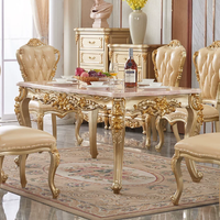 Ensemble de table et chaises de salle à manger 8 pièces en bois massif et cuir, style français antique, avec plateau en marbre marron, dossier solide, mobilier de maison durable