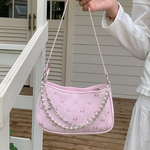 Sac à bandoulière en chaîne de perles, design matelassé rose avec fermeture à glissière pour un usage quotidien, sac bandoulière pour femme - Product Image 2
