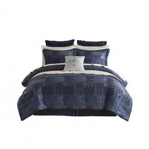 Ensemble de couette Royal 4 pièces, motif géométrique bleu marine, style classique, couture, literie pour lit queen size - Product Image 1