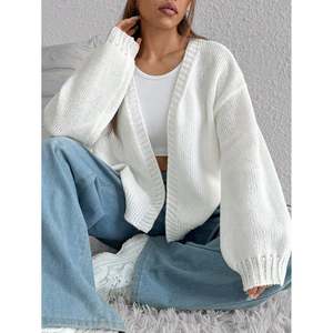 Cardigan blanc côtelé à col en V pour femme, pull léger en tricot, haut ouvert sur le devant - Product Image 5