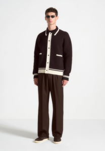 <span class=keywords><strong>Cardigan</strong></span> boutonné pour homme en <span class=keywords><strong>marron</strong></span> <span class=keywords><strong>foncé</strong></span> avec bordure contrastante - Tricot décontracté à col - Fabrication OEM personnalisée - Product Image 2