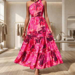 Halter Neck Floral Print Maxi <b>Dress</b> A-Line Sleeveless <b>Boho</b> <b>Summer</b> Chiffon Layered Ruffles Loose Fit Natural Waist Casual <b>Dress</b> - Product Image 4
