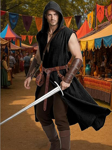 Ensemble de costumes médiévaux Renaissance pour hommes - 4 pièces : Surchemise sans manches à capuche style Viking, tenue de cosplay pour foires Renaissance et Halloween - Product Image 3