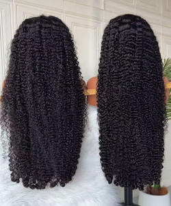 Perruques en cheveux humains indiens Remy bruts en gros, 100% naturelles noires, les meilleures bouclées, densité 180%, double tirage, Lace Front longue transparente - Product Image 1