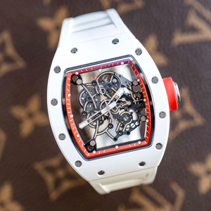 Montre Homme Squelette Automatique ETA Blanche avec Accents Rouges, Boîtier en Fibre de Carbone, Bracelet en Caoutchouc, Aiguilles, Style Sportif - Product Image 1