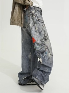 Vaqueros Rectos Holgados Distintivos de High Street para <span class=keywords><strong>Hombre</strong></span>, Estilo Vintage, Corte Real, Impresión Digital, Denim Oscuro, Populares en Primavera - Product Image 3