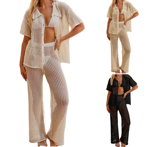 Autumn Solid Casual Knitted Women's Two Piece Cover Up Set Turn <b>Down</b> Collar Short Sleeve Top with Skinny Fit Full length <b>Pants</b> - Product Image 3