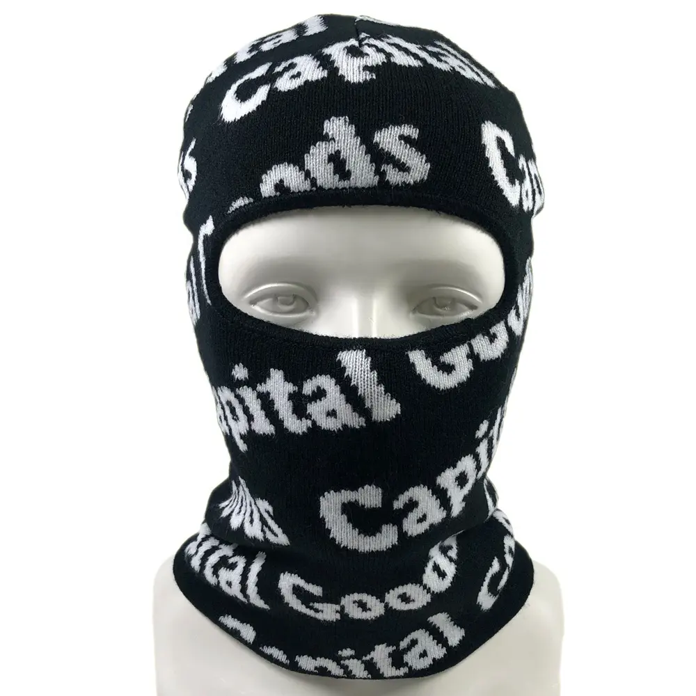 OEM acrylic sport warm winter knitted balaclava CS hat with full logo custom all over jacquard 1 hole ski mask
