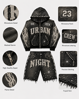 Ensemble de survêtement urbain personnalisé de haute qualité, vintage et délavé, pour homme, avec broderie de strass, assorti