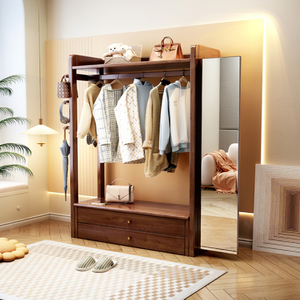 Porte-manteau moderne en bois massif avec crochets et étagères, meuble de rangement multifonctionnel autoportant pour chambre et salon - Product Image 1