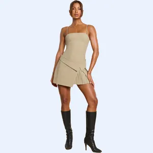 Woven Twill Wrap Over Pleated Mini Spaghetti Strap Dress in Taupe For Women