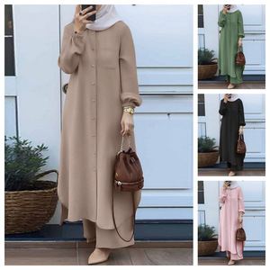 Conjunto de dos piezas para <span class=keywords><strong>mujer</strong></span> árabe musulmana, Camisa larga Irregular de Color sólido elegante y a la moda, <span class=keywords><strong>pantalones</strong></span> de pierna ancha, bata, Túnica de dos piezas, estilo árabe musulmán, para <span class=keywords><strong>mujer</strong></span> - Product Image 6