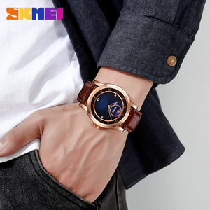 Skmei Men's Moon Phase Quartz Watch With Leather Strap Analog Calendar 30M Waterproof Stainless Steel Buckle 9300 - Product Image 3
