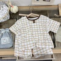 Pyjama chic en lyocell à carreaux pour enfants, manches courtes, pantalon 7/8, ensemble de nuit pour garçons et filles, pull et vêtements d'intérieur