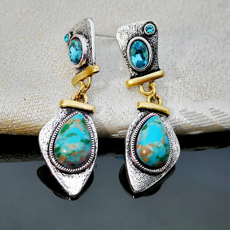 925 Antique Silver Colorful Turquoise Earrings Inlaid With Highland Crystal Color Separation Jewelry