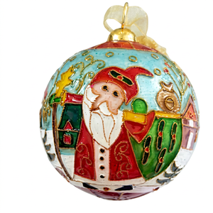Boule d'ornement de Noël en papier mâché peinte à la main avec Père Noël et hibou - Product Image 1