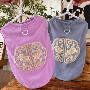 Gilet pour chien de compagnie en coton brodé, vêtements de protection solaire de style traditionnel pour petits chiens, vêtements d'été violet gris - Product Image 4
