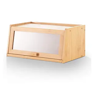 Modern Kitchen Countertop Bamboo Bread Box With Bamboo Cutting Board And Clear Window