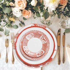 Juego de platos de cena de boda con patrón de margaritas mandarina, vajilla de porcelana de hueso fino, arrendamiento de instalaciones de catering - Product Image 1
