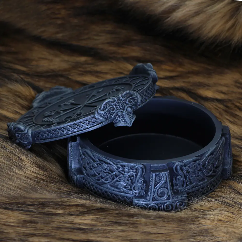 Caixa de joias com símbolo viking Huaqi OR25, anel nórdico viking, decoração em resina, com medalhões de bússola, mitologia de Thor, estatueta de pedra, caixa de ouro