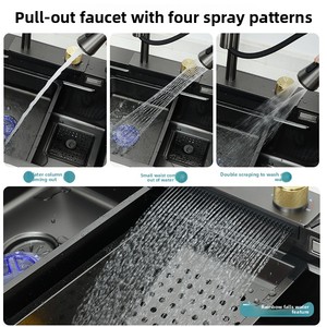 Évier <span class=keywords><strong>de</strong></span> cuisine moderne en acier inoxydable noir fin avec <span class=keywords><strong>robinet</strong></span> cascade et fonction jet d'eau pour lavage <span class=keywords><strong>de</strong></span> légumes - Product Image 4