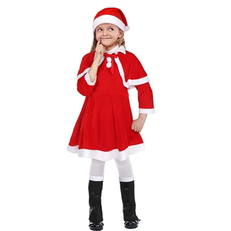 فستان سانتا أحمر للأطفال شال سانتا قبعة فتيات عيد الميلاد سانتا زي عيد الميلاد