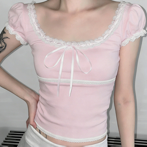 Camiseta de Manga Corta Casual para Mujer, Estilo Y2K, Dulce y Linda, con Adornos de Encaje y Lazo, Venta al por Mayor - Product Image 4