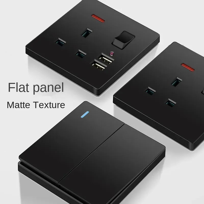 Black UK 13A light button switch  universal Usb C 18W Smart Fast Charging Power Socket  220V electrical Outlet switch wall